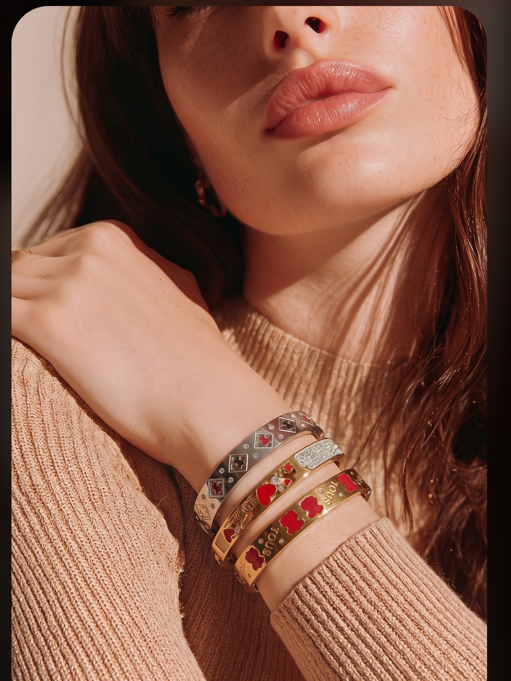 Gold and Silver Bracelet Set with Red Heart Accents
